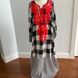 Long Modest Caftan With Red Embroidery Black and White Strips Size M
